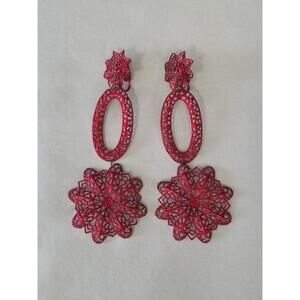 Vintage Long Dangle Statement Earrings Red Lace Like Filigree ClipOn Delicate 4"